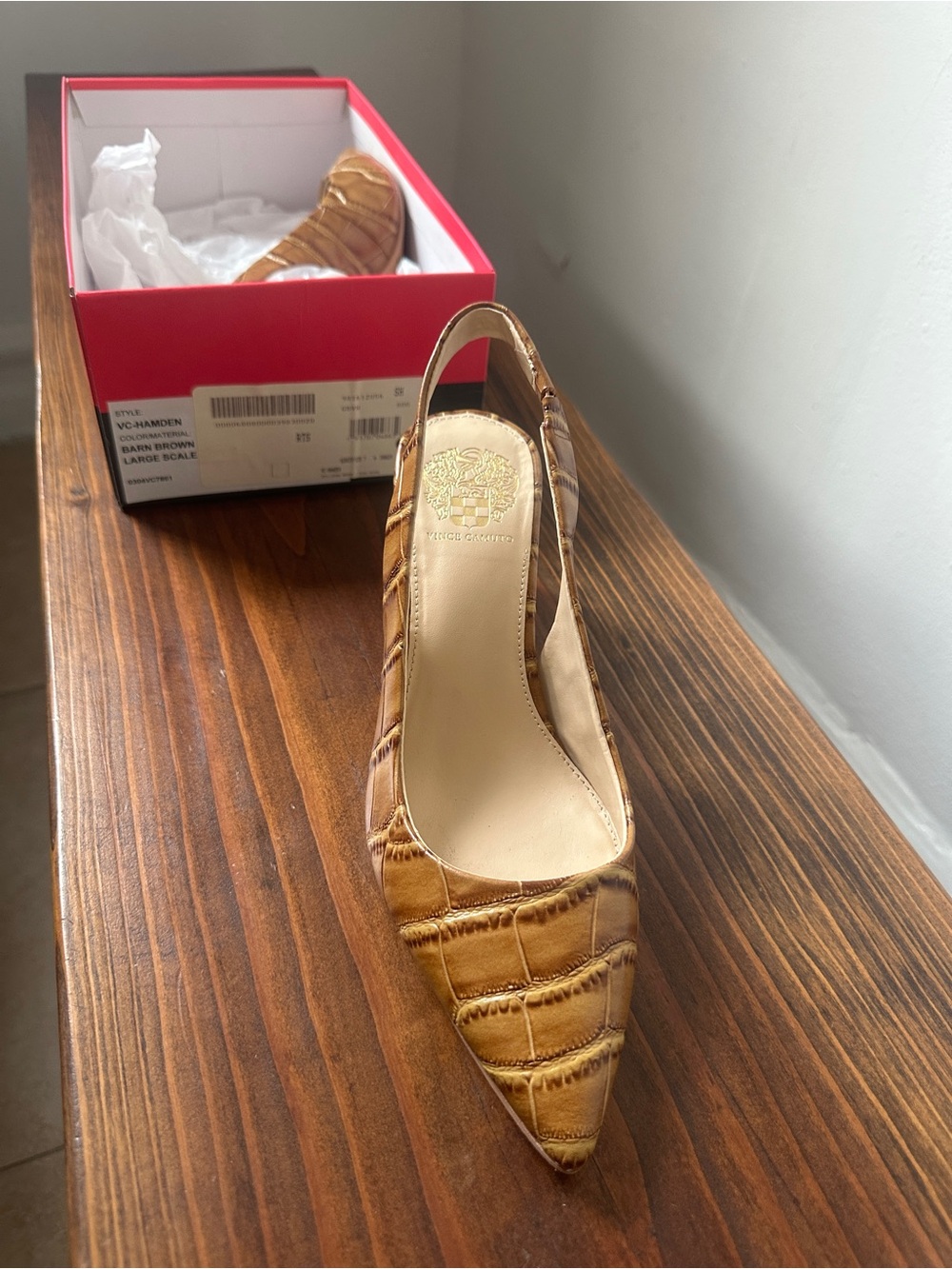 Brand New Caramel Croc-Embossed Slingback Block Heel Pumps - Picture 4 of 5